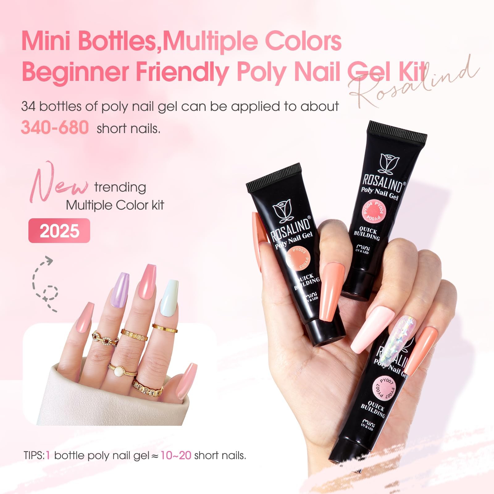 ROSALIND Poly Nail Gel Kit -34 Colors + White Brown Accessories Clear Nude Po…