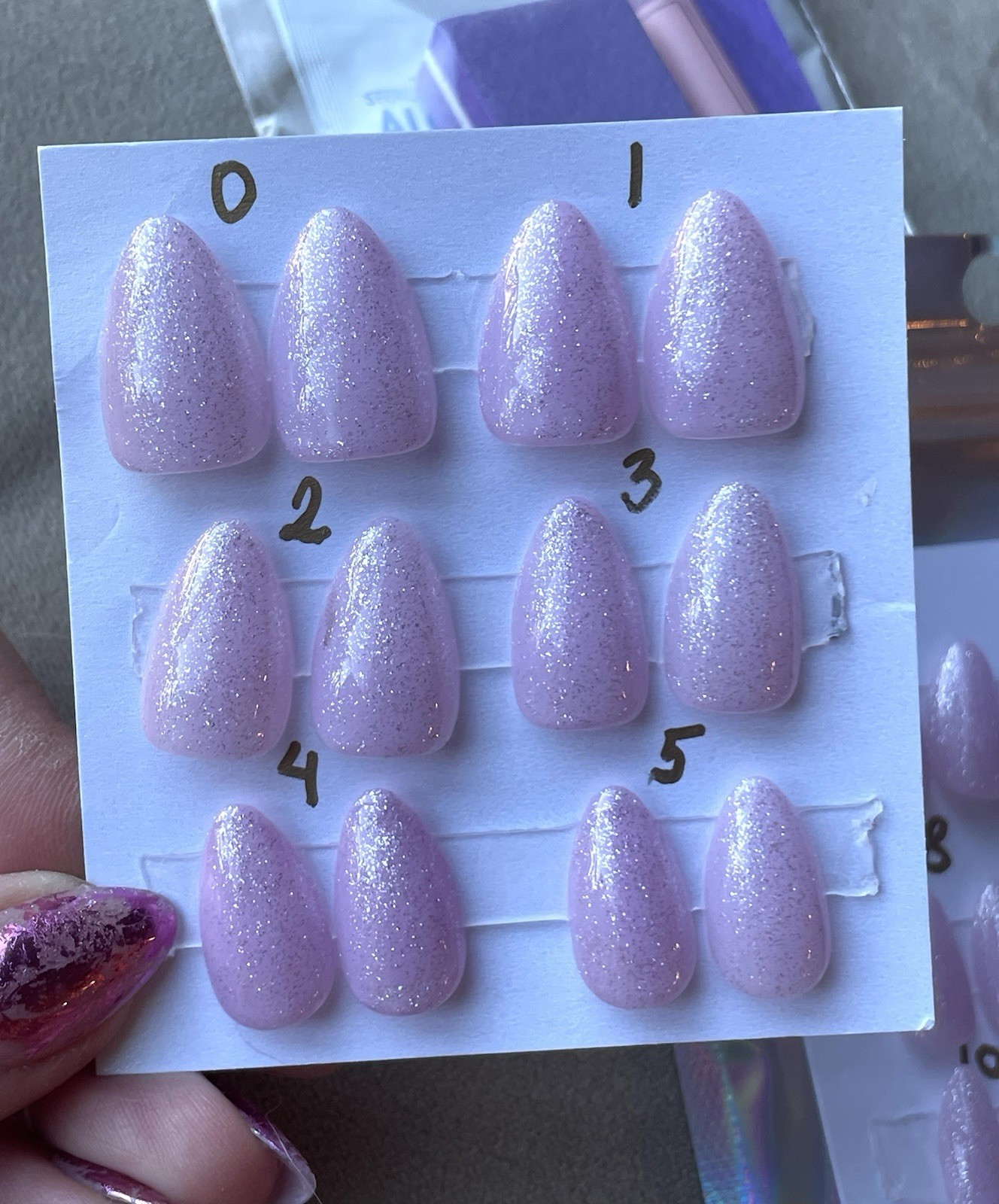 Handmade Gel Press On Nails Short Almond 24 Pieces All Sizes Lavender & Glitter