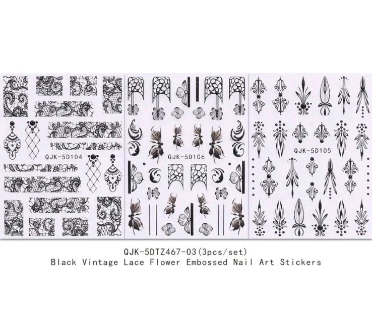 3 Sheets Black Nail Art Transfer Stickers Lace Paisley Vintage Scrolling Demask