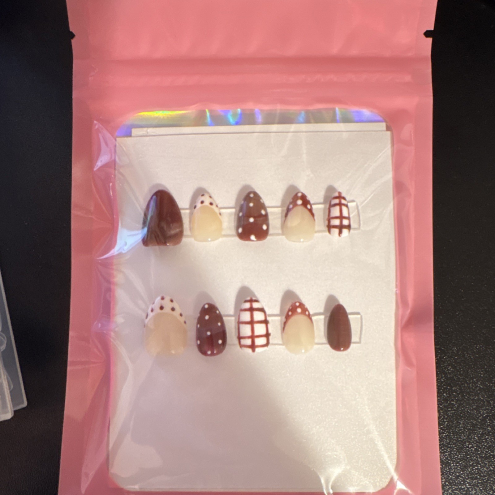 Press-On Nails Brown Beige White Almond Polka Dot Plaid Shiny Glue Included