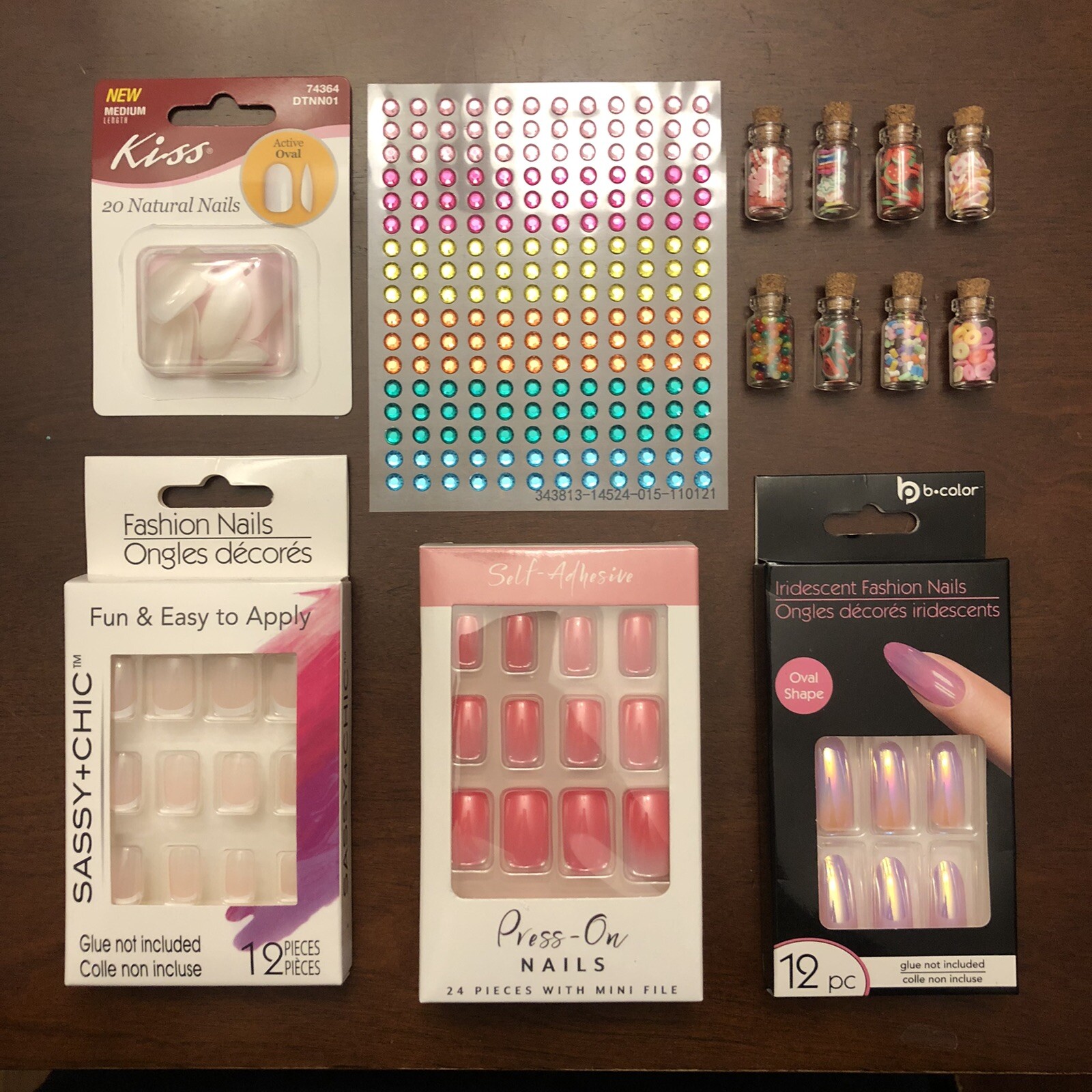 4 SETS PRESS ON NAILS Nail Art Tiny Gems Food Miniatures Acrylic Jewels Jars