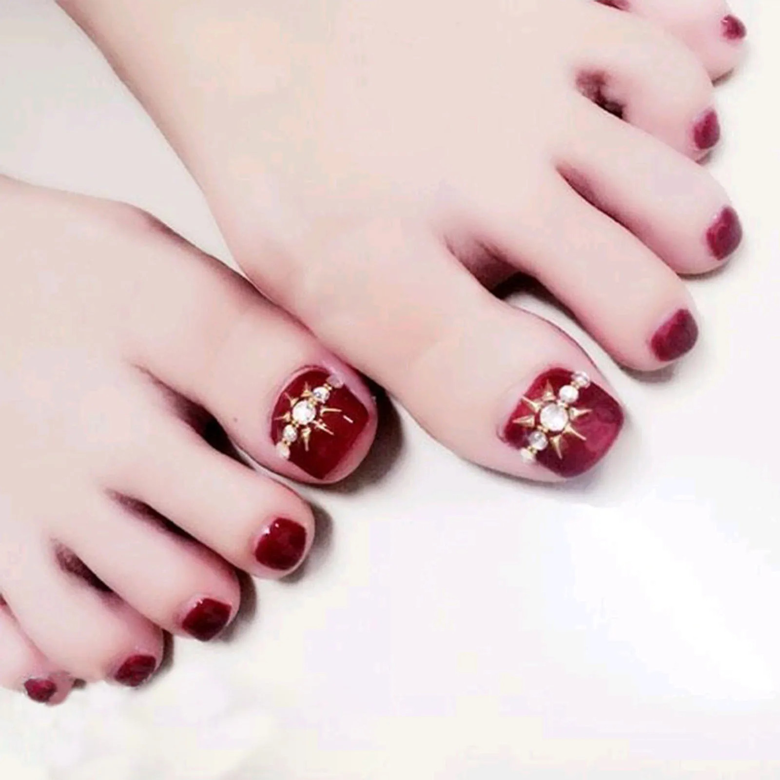 24pcs Retro Red French False Toenails Gold Crystal Square Full Cover