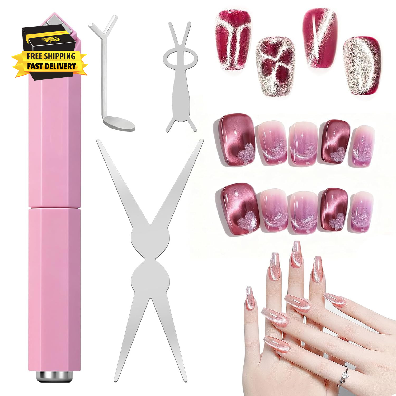 4Pcs Cat Eye Magnet Kit with 4-In-1 Pen & Design Stencils: Cat Eye Nail Polish M