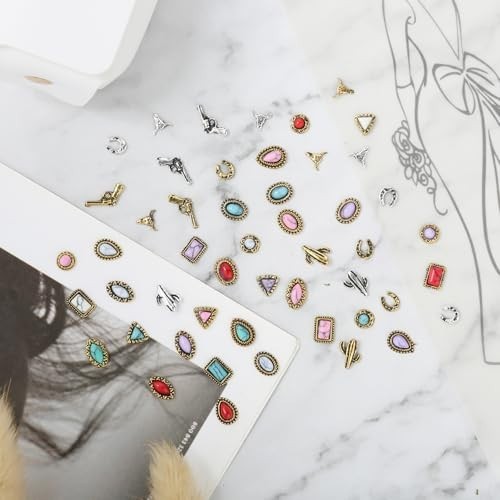 50 PCS Western Nail Charms – 3D Vintage Turquoise Gems, Retro Cowboy Nail Art DI