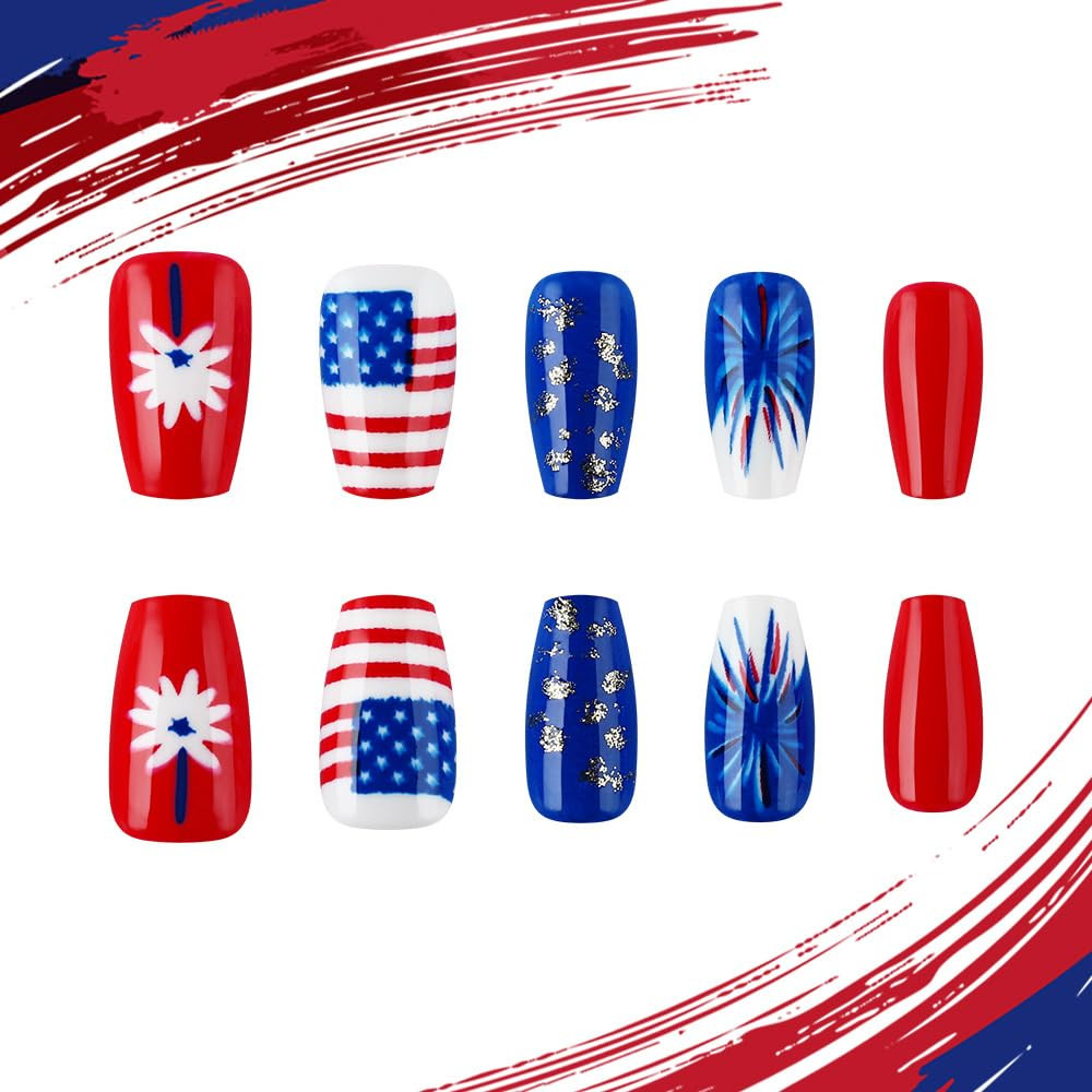 4Th of July Press on Nails Medium Square Fake Nails Flower Fireworks False Nails