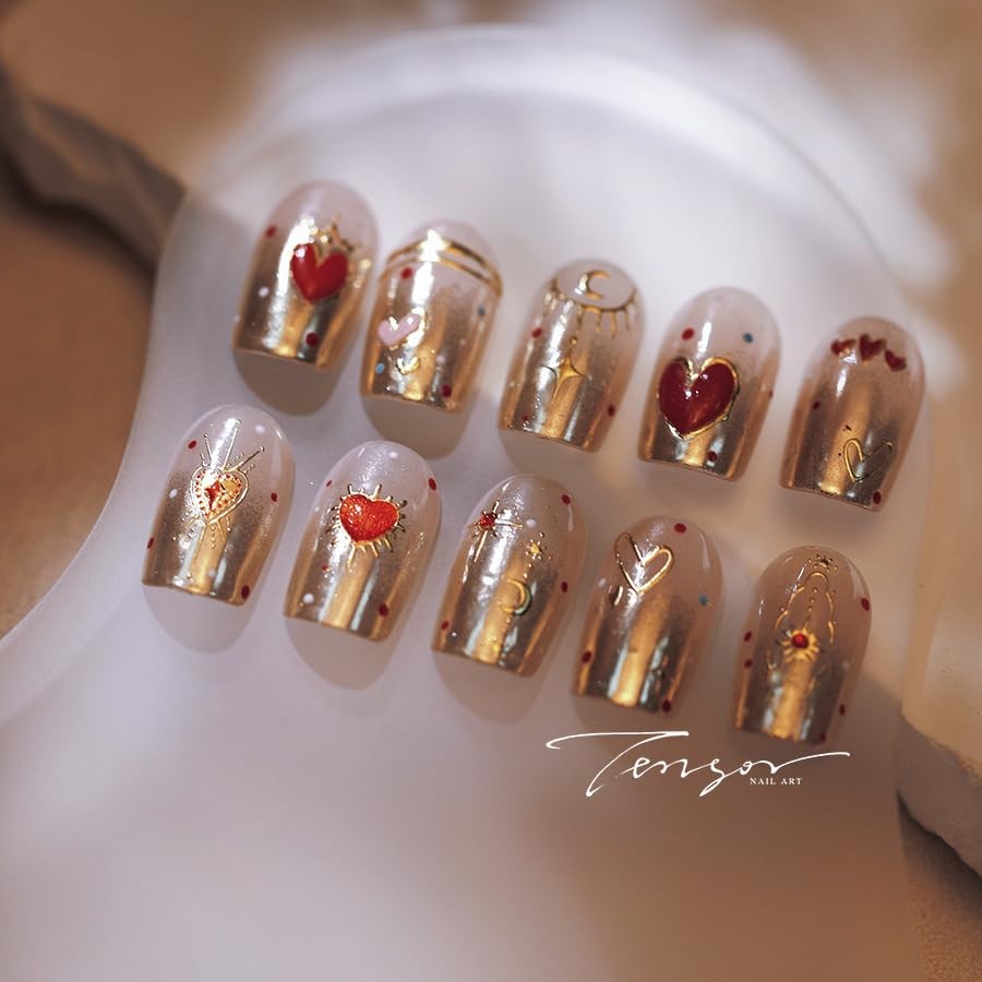 5D Embossed Gold Star Nail Stickers Red Heart Nail Decals Star Moon Style-23