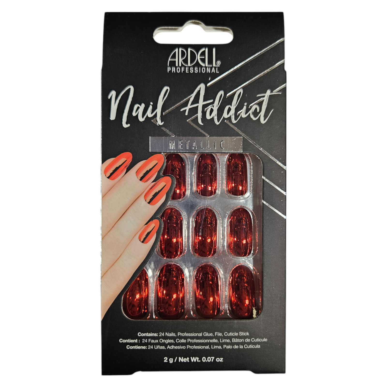 Ardell Nail Addict Metallic Red 28 Piece Nail Set Inc Glue File Cuticle stick