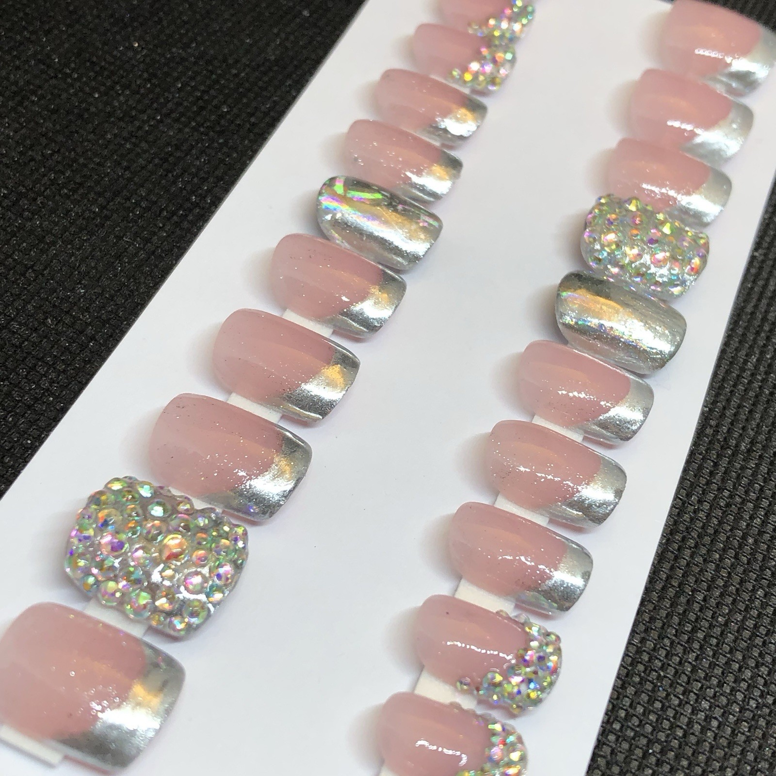 Handmade Custom Press on Nails UV Gel Short Square Pink & Silver Nails Bling