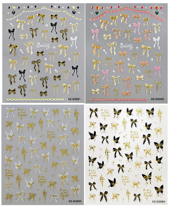 4Pcs Self-Adhesive Nail Art Decals with Butterfly Bow-Knot Floral Designs NH28