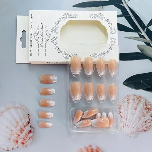 Silver Glitter French Tip Press On Nails, Coffin Fake Nails, Gradient Ombre