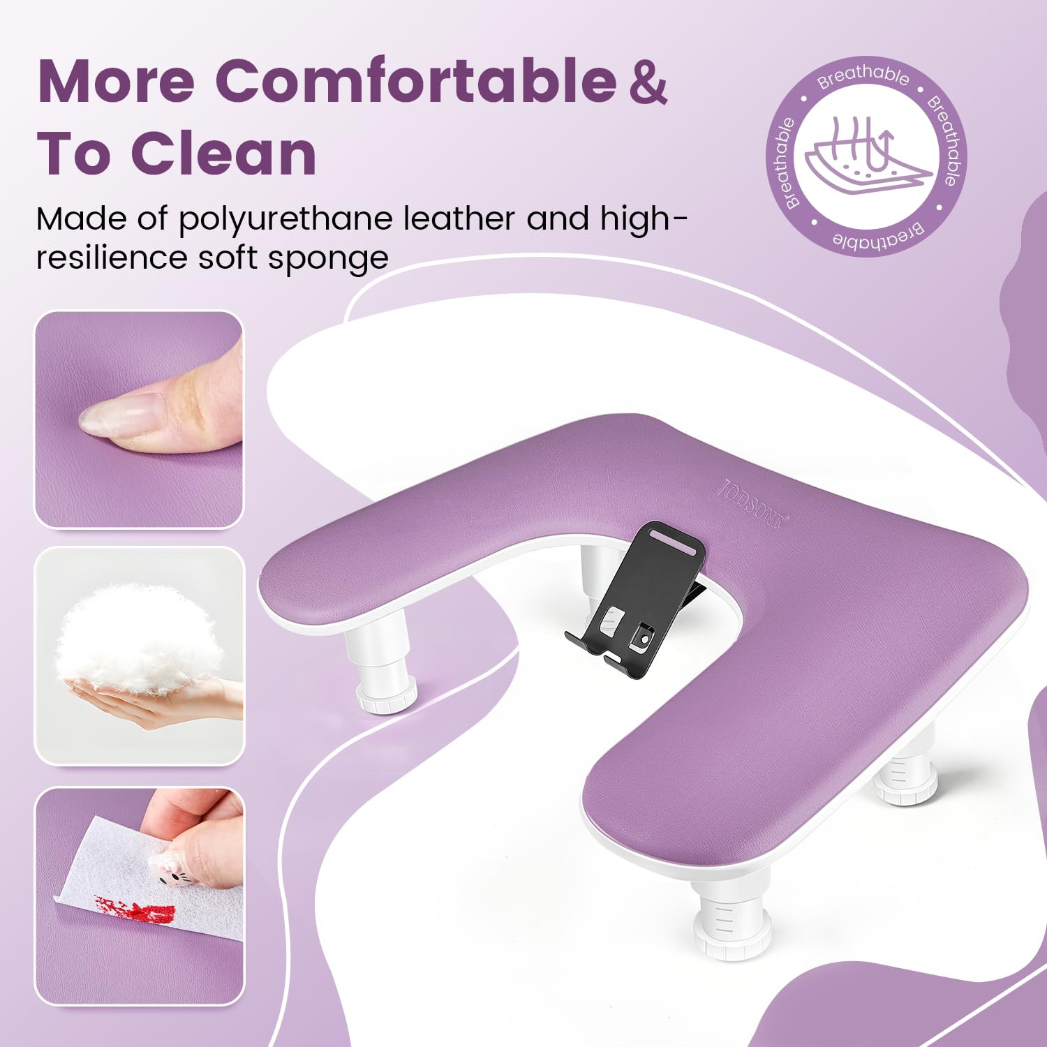 Purple U Shaped Manicure Arm Rest for Nails Tech with Rotating Phone Holder and