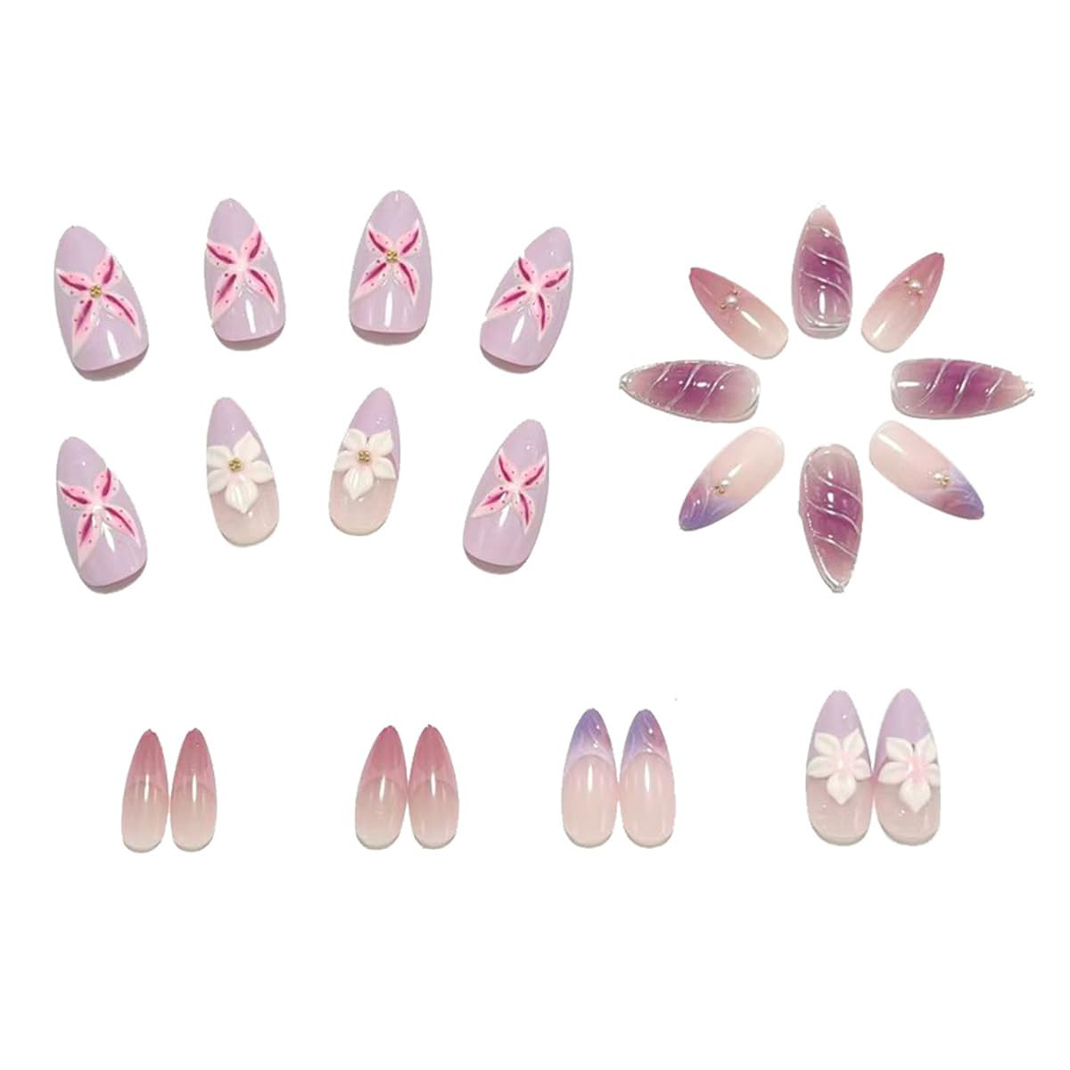 Medium Almond Press on Nails with 3D Flower Pearl Purple French Tip | 24Pcs Nail