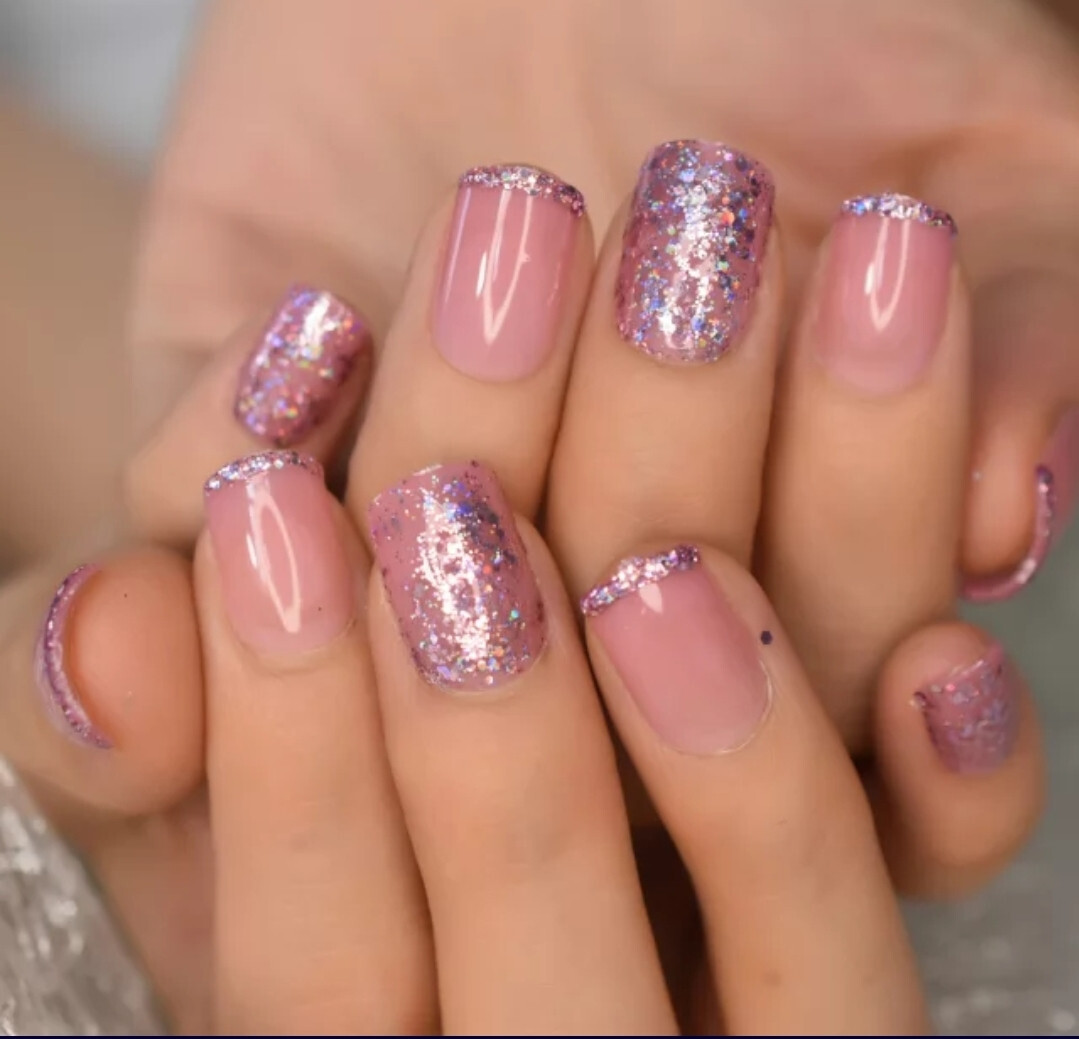24 Short Press on nails kit w glue pink purple glitter