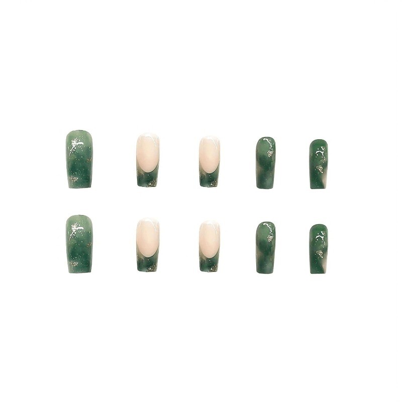 48 Cool Jade Gold Foil Fake Nails – Removable Fake Nail Art, Suitable for Women