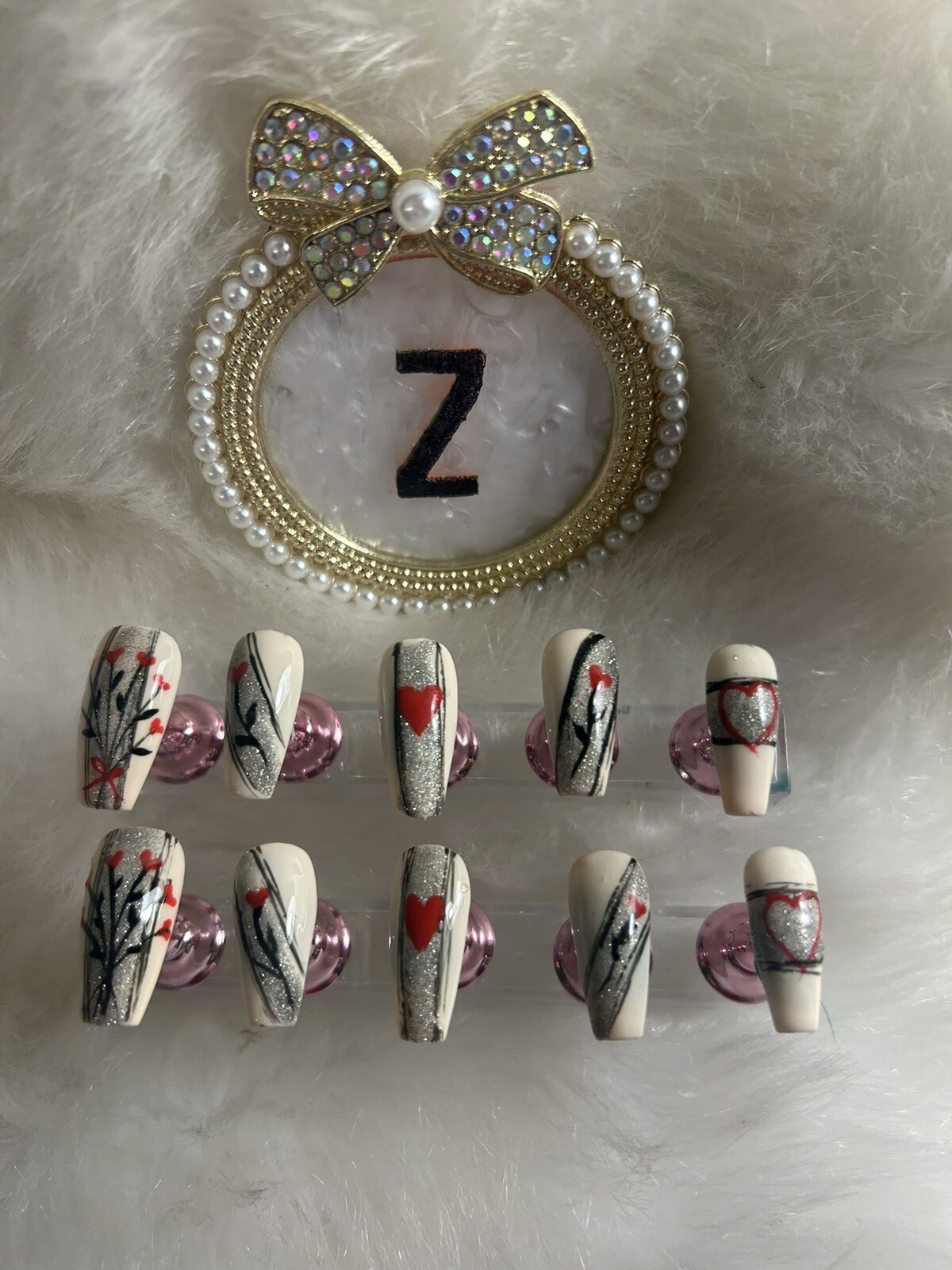 Z NAILZ! Handmade Beige M Coffin With Black/ Red Love Heart V Day Press On Nails