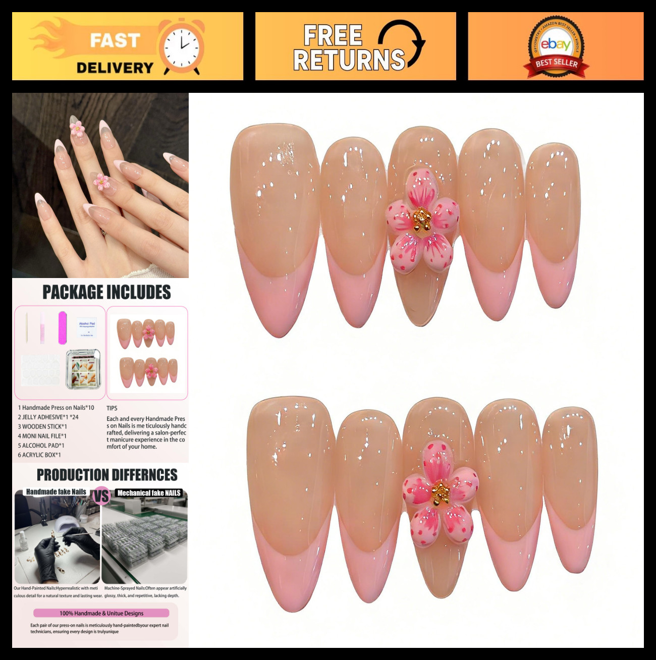 3D Almond Pink Press On Nails with Carved Peach Blossoms – Reusable Acrylic Fals