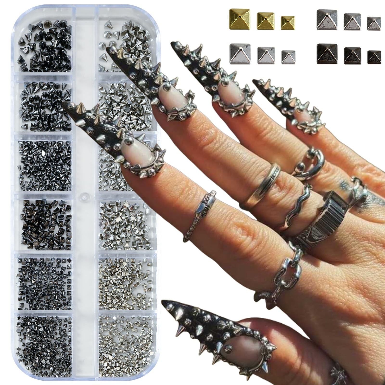 2 Box Goth Nail Charms Punk Metal Nails Studs Square Cone Spike Gold White Go…