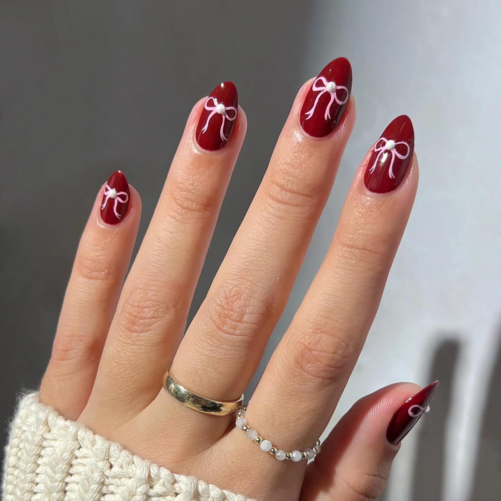 Press on Nails Almond, Wine Red & Bow Pearls Fake Nails Medium Press Ons, Glo…