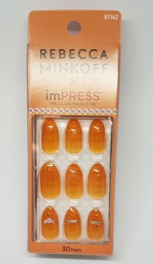 NEW Kiss Nails Impress Press On Manicure Almond Gel Rebecca Minkoff Orange Gems.