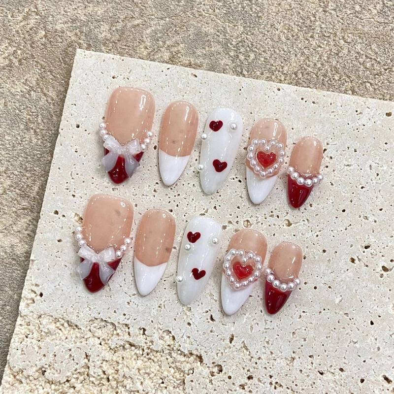 Handmade French ‌Red Heart 3D Bow Pearl False Nail Medium Almond Press On Nail