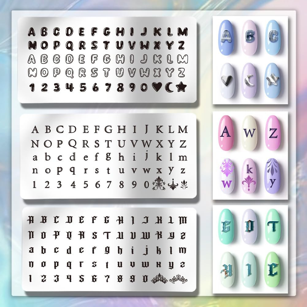 3pcs Letter Number Nail Stamping Plates, 3 Styles Alphabet Nail Stamper Typef…