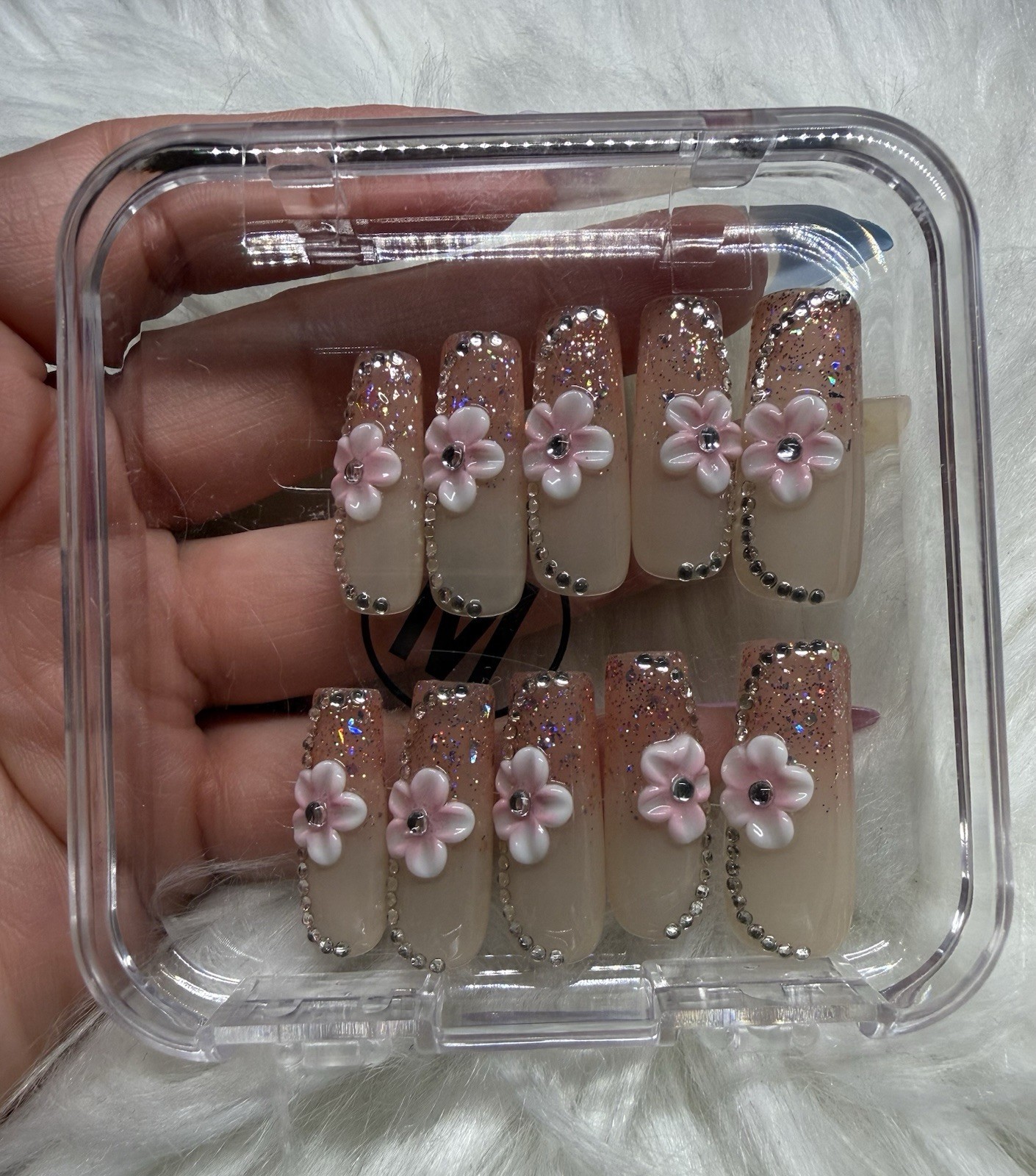 Long Coffin Press-On Nails Beige Pink 3D Shiny Flowers Rhinestone Full Cover