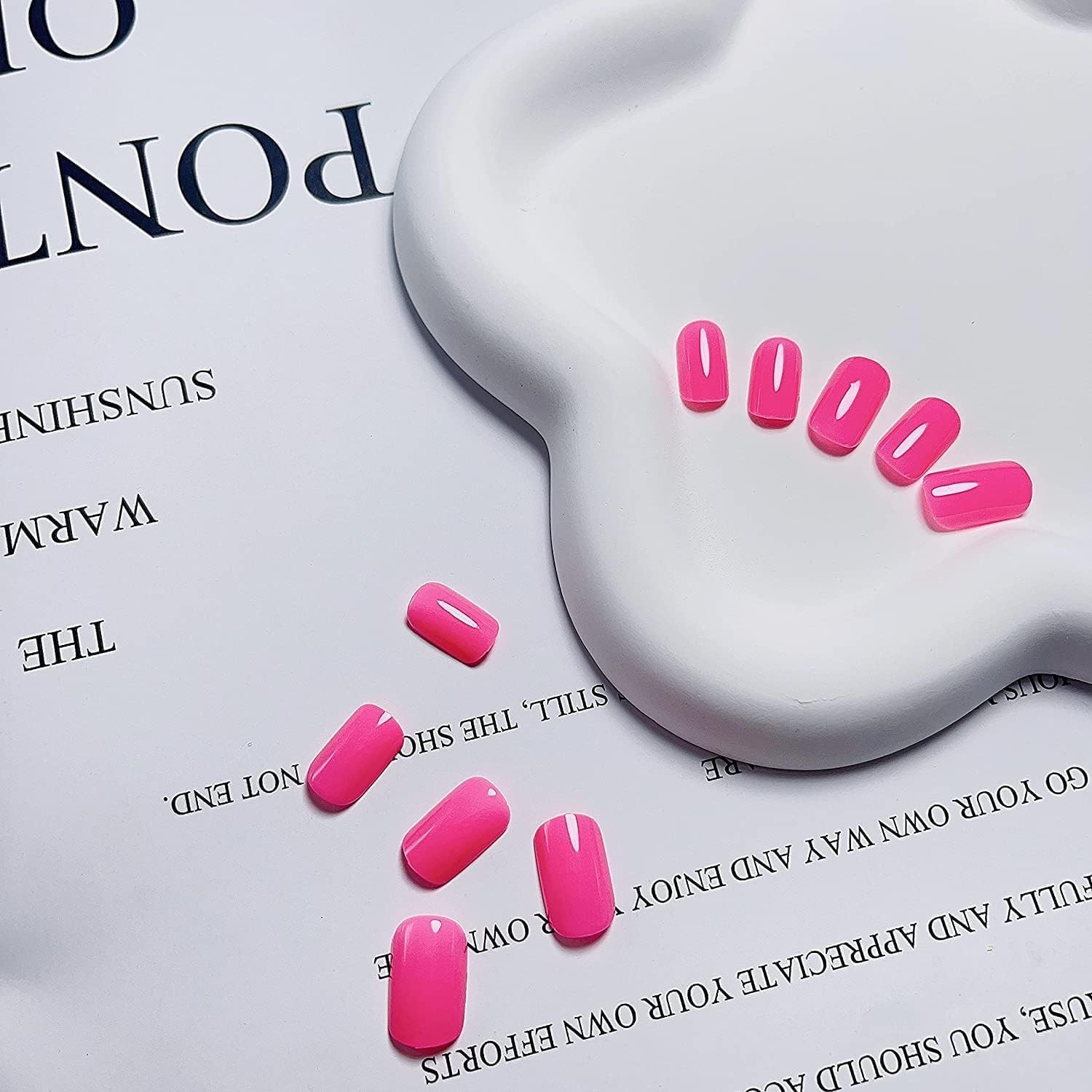 Hot Pink Press on Nails Short Square, Gel Fake Nails Glossy Square Hot Pink