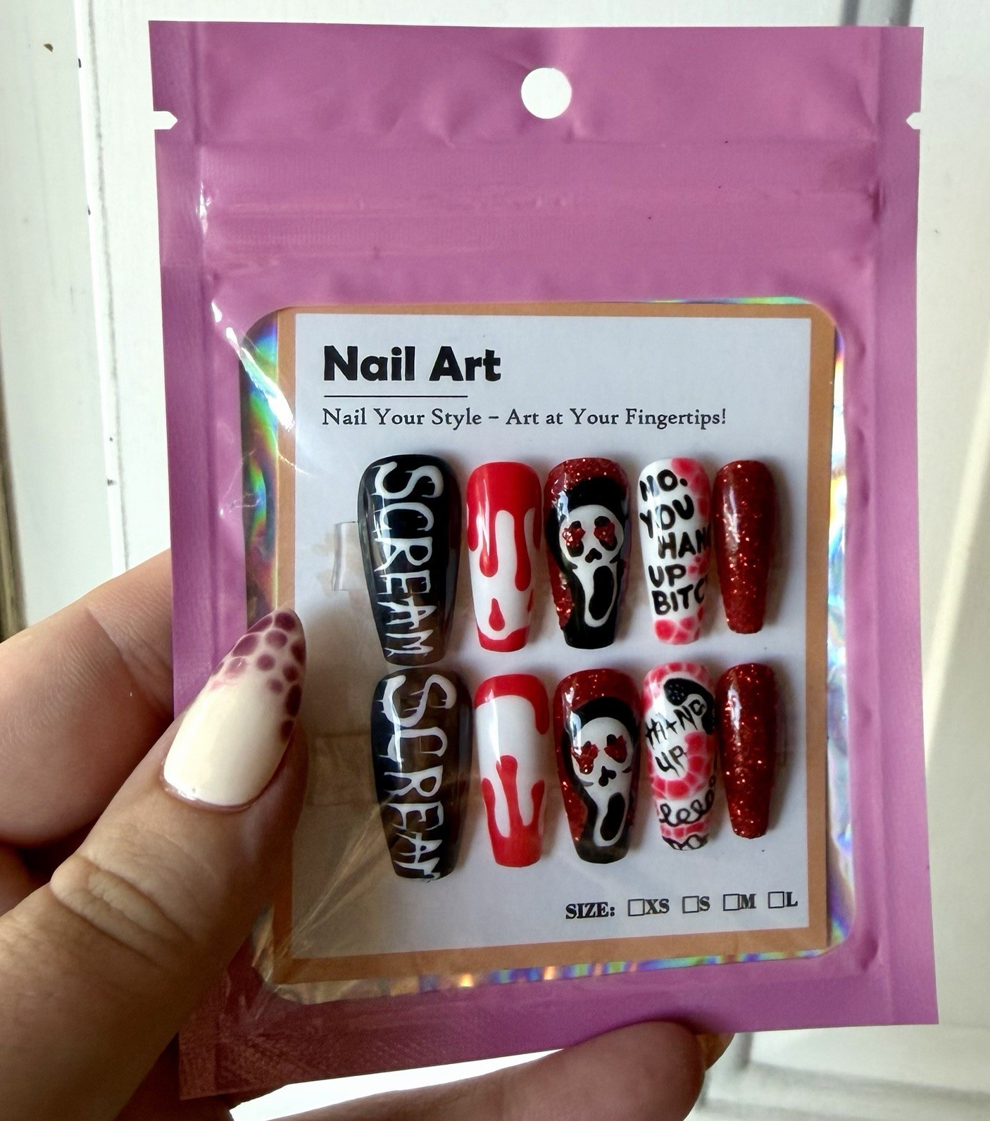 Scream Press-On Nails Acrylic Coffin Long Full Cover Glitter Red Black White