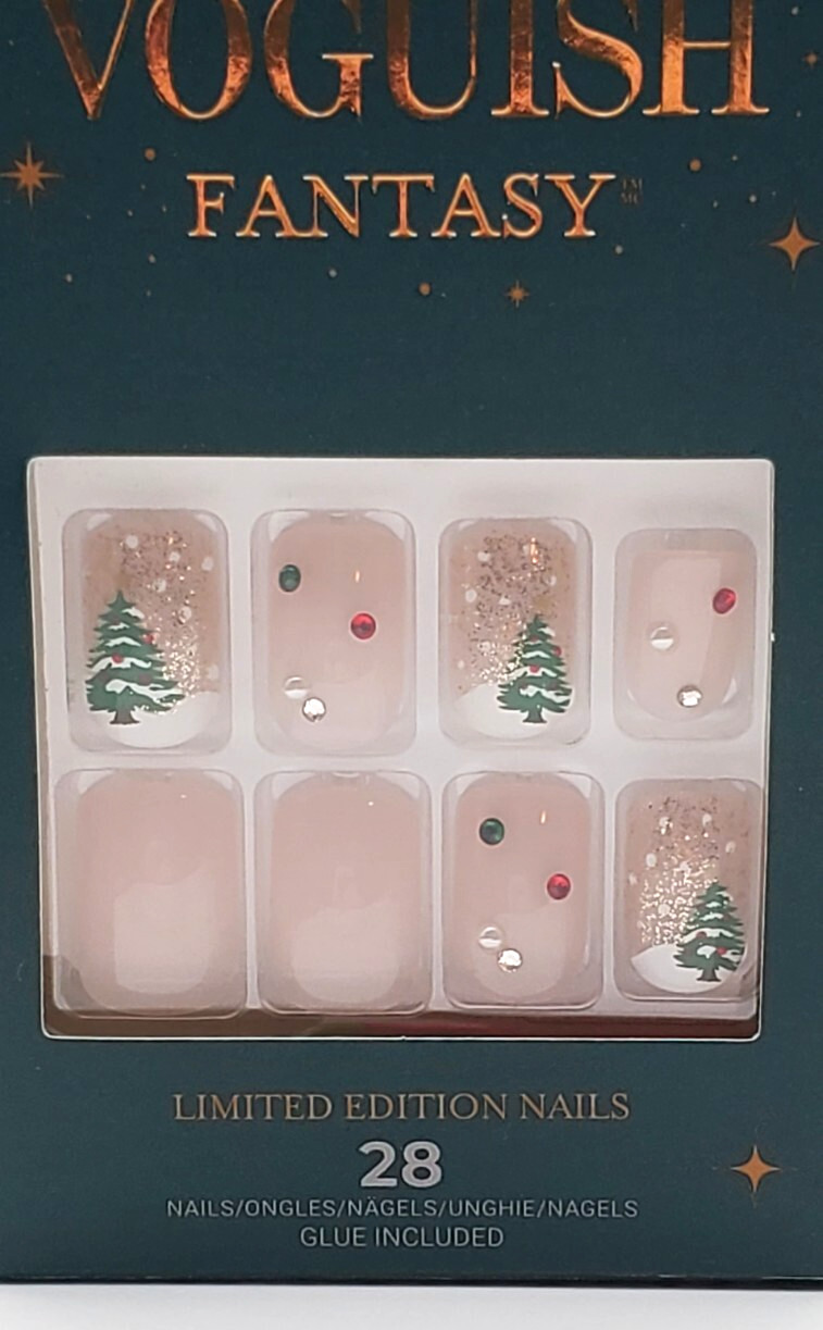 Kiss Voguish Fantasy Glue On Nail Short Nude with Red & Green Christmas Tree
