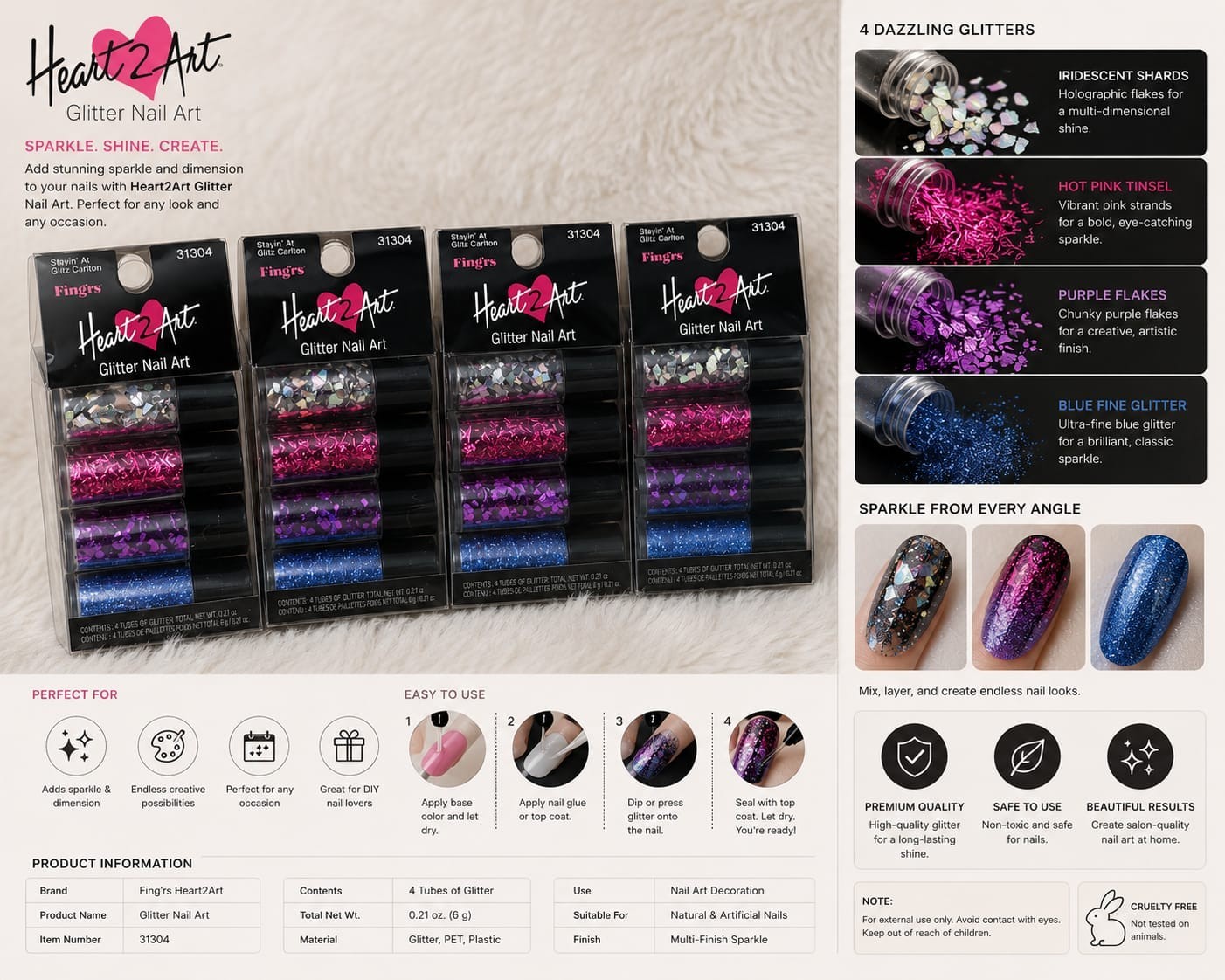 Fing’rs Heart2Art Glitter Nail Art Set 31304 Multicolor Sparkle 4 Tubes