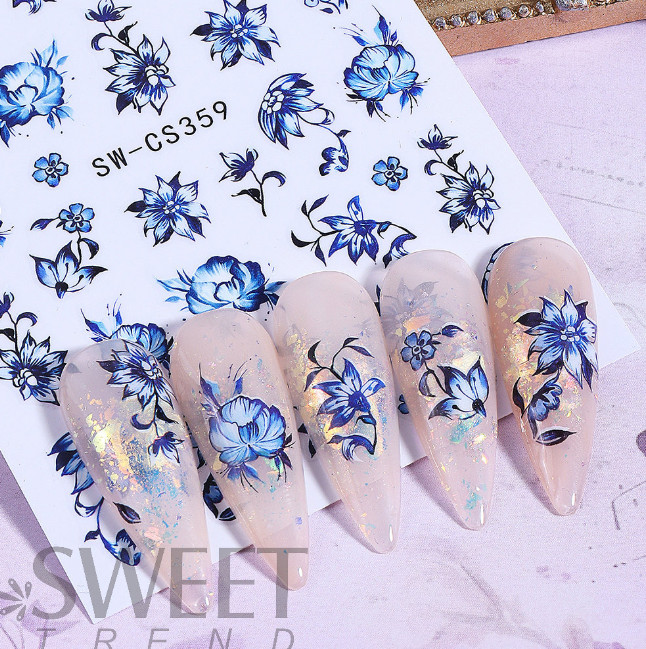 2Sheets Blue porcelain floral Flower Nail Stickers Self-adhesive Decoration NS8