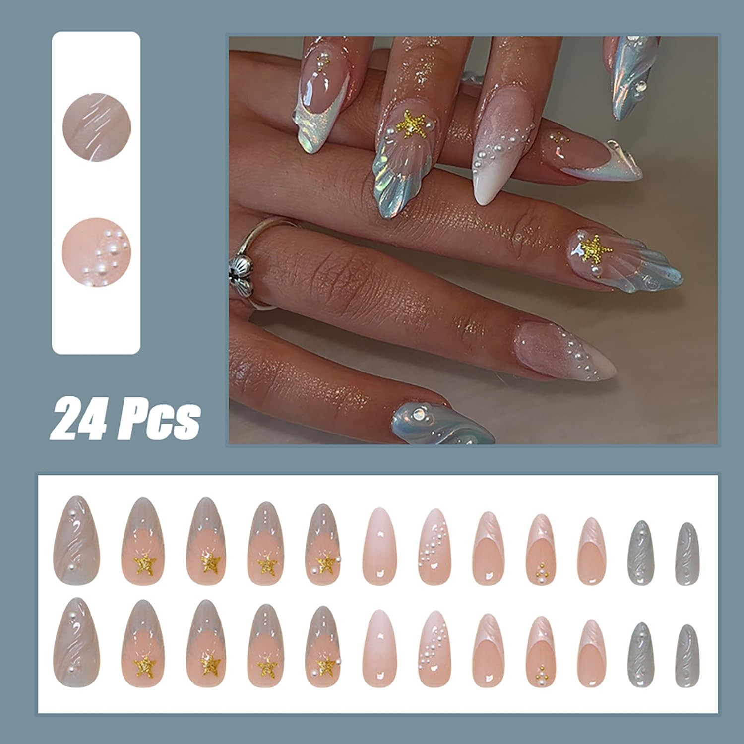 24Pcs Summer Press-on Nails Medium Almond False Nails with 3D Pearl Seashell …