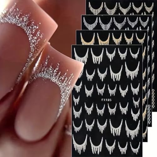 Glitter French Tip Nail Art Stickers Sparkly Gold Silver Tassel Line style8