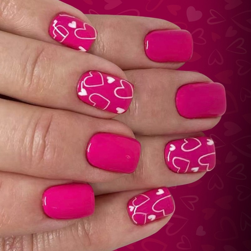 Valentines Day Press On Nail 24Pieces Short Square Fake Nail Pink Color