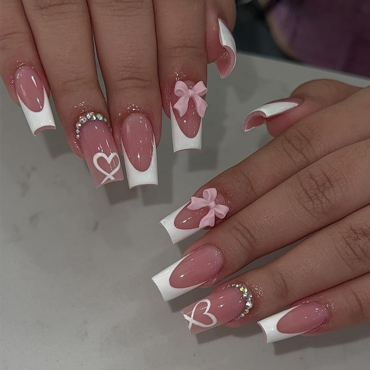 French Tip Press on Nails with Charms, Medium, Cute Bow, Long Square Shape, A…