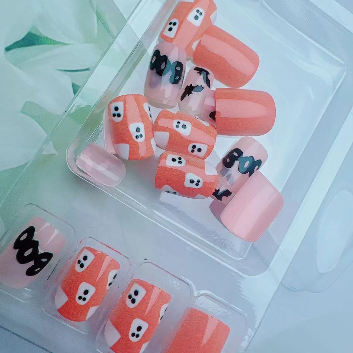 Short Halloween Press on Nails Orange Pumpkin Ghost Black Bat Design Hallowee…