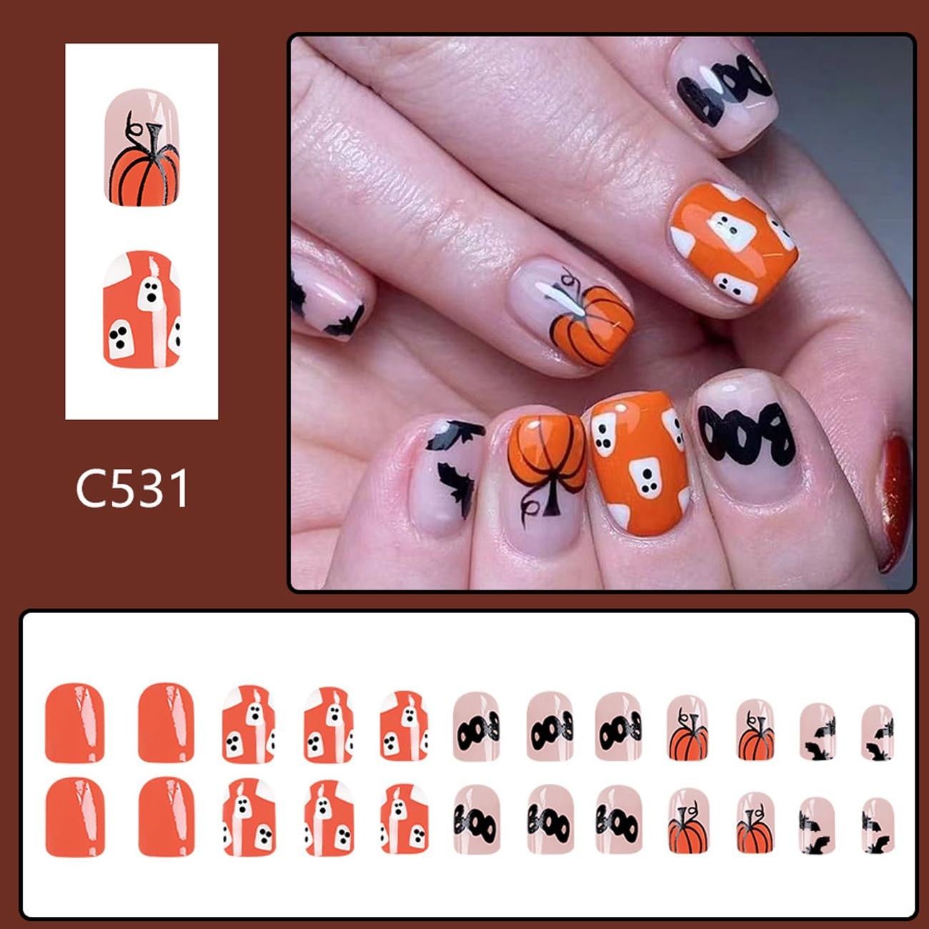 Short Halloween Press on Nails Orange Pumpkin Ghost Black Bat Design Hallowee…