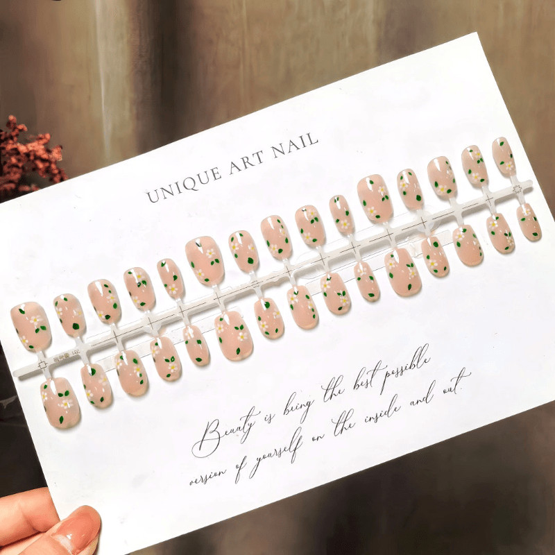 60pcs Short Almond Press on Nails, Nude Base Tiny White Daisy Green Dot Nails
