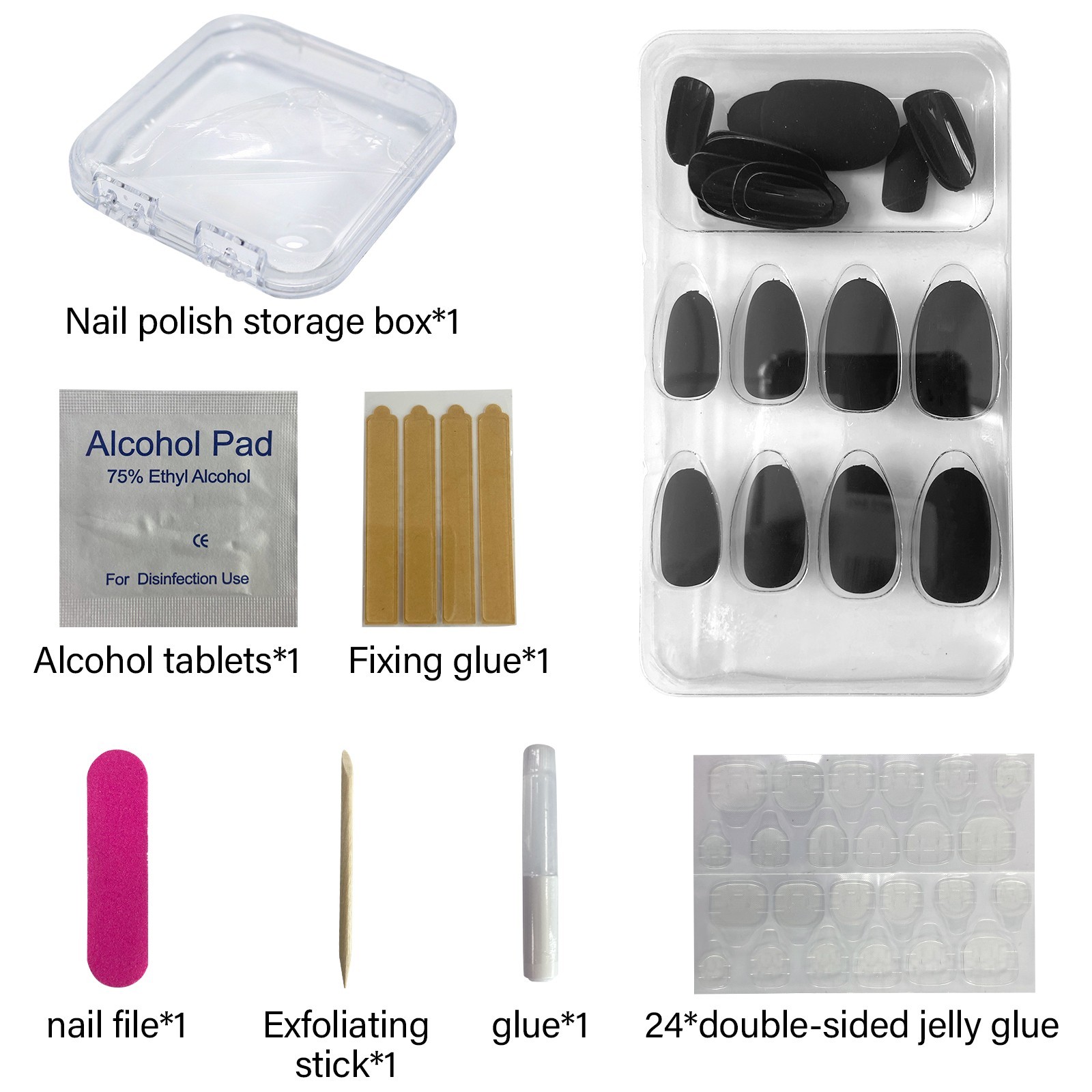 Matte Black Oval Press-On Nails, Medium Fake Nails with Full Prep Kit, 24Pcs