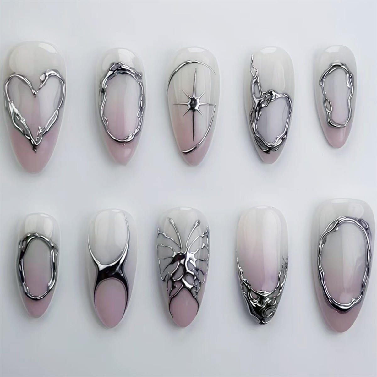 24Pcs Blue Almond Press on Nails 3D Pearl Mid-length Oval Bow False Nail Tips