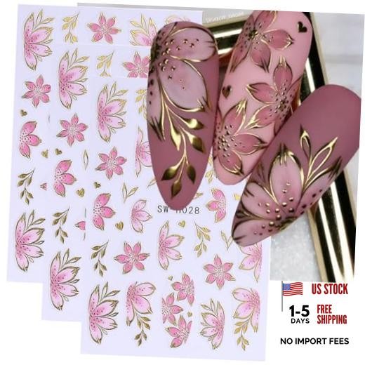 Flower Nail Art Stickers Decals 3D Pink Flower Nail Stickers Self style6
