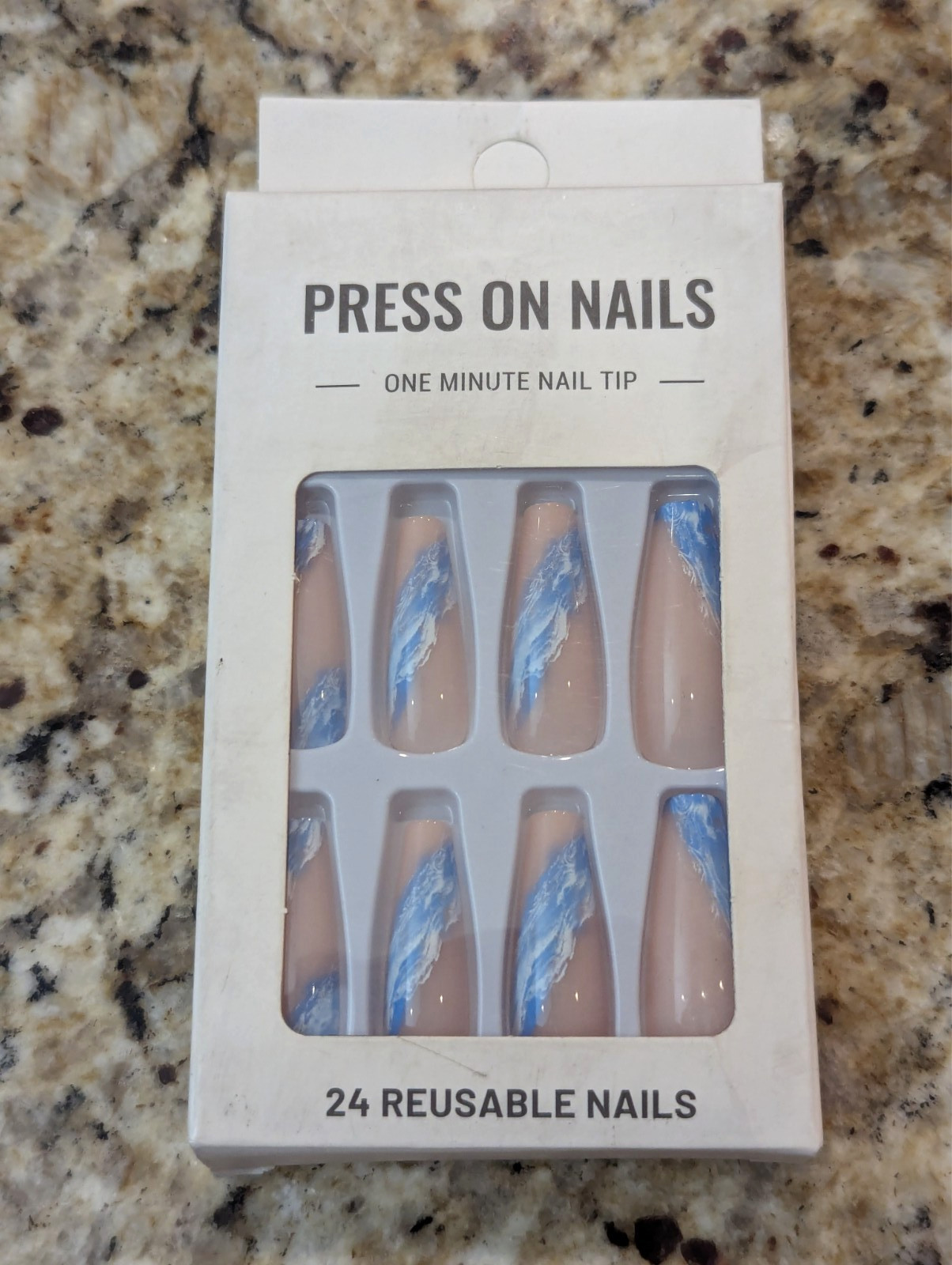 Press On Nails One Minute Nail Tip #109 Long Pink Blue Design 24ct
