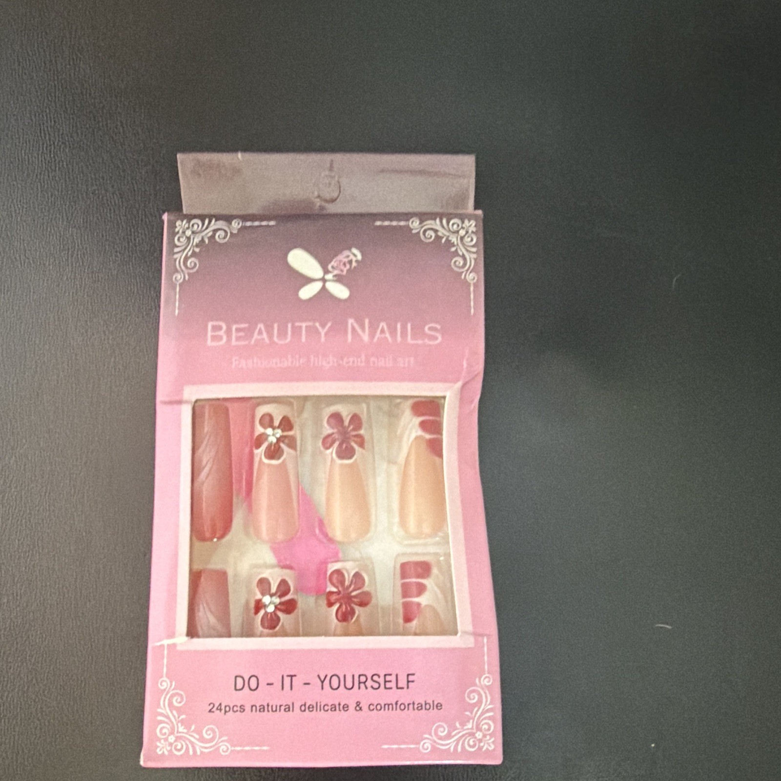 BEAUTY NAILS 24pcs 3D Floral Press-On Nails Medium Square Pink Beige PVC