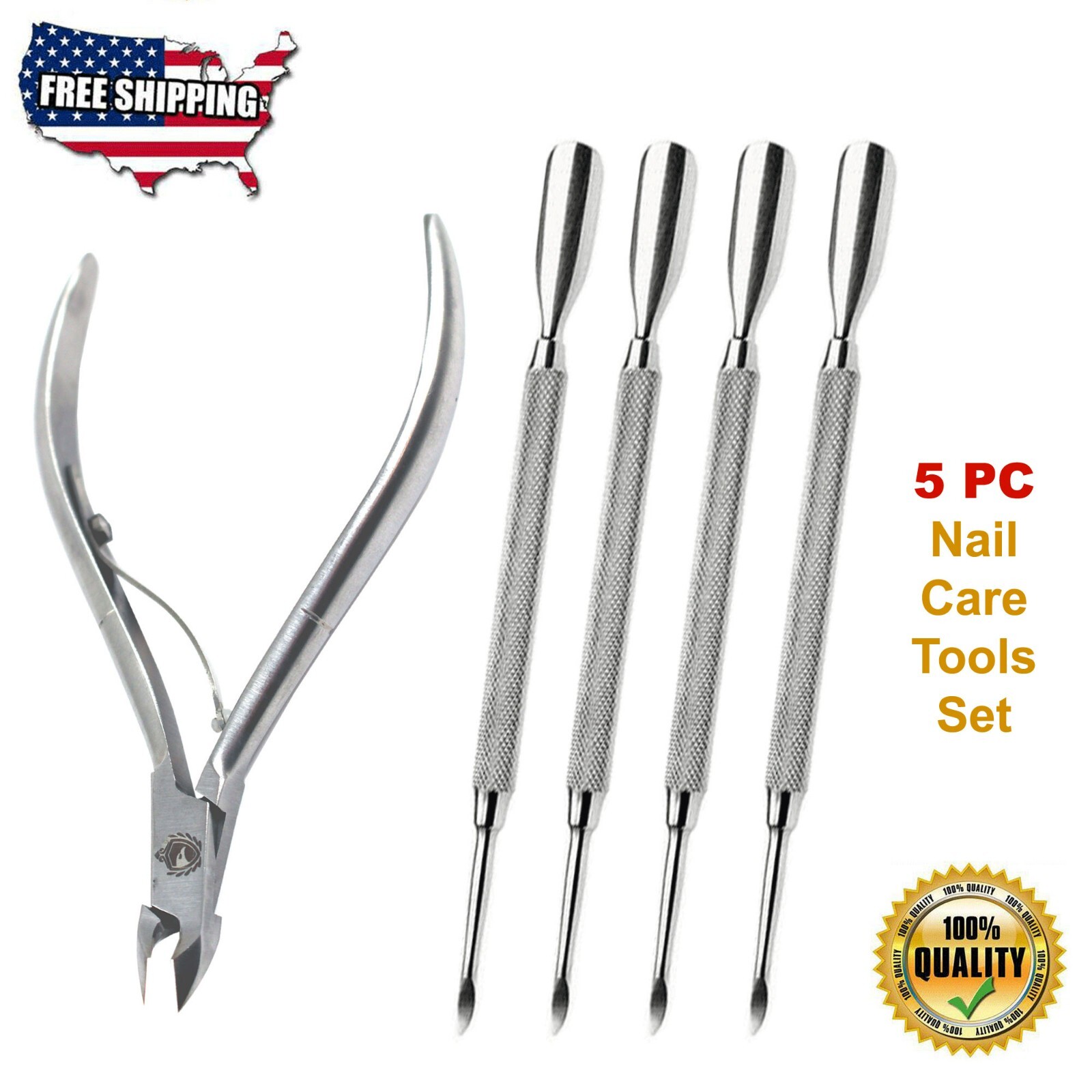 CUTICLE NIPPER PUSHER MANICURE PEDICURE NAIL CARE TOOLS SET KIT SPA SALON (5 PC)
