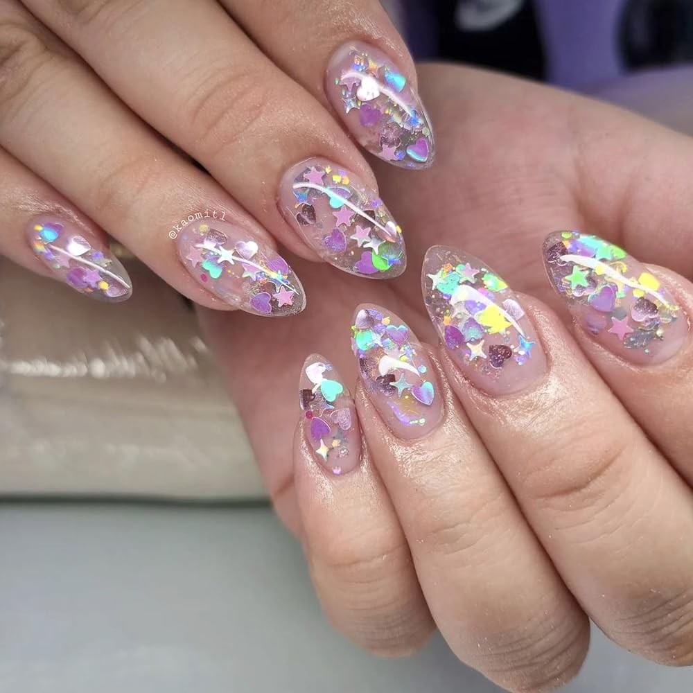 2 Boxes Colorful Heart Star Glitter for Nails Aurora Pink Nail Glitter Flakes…