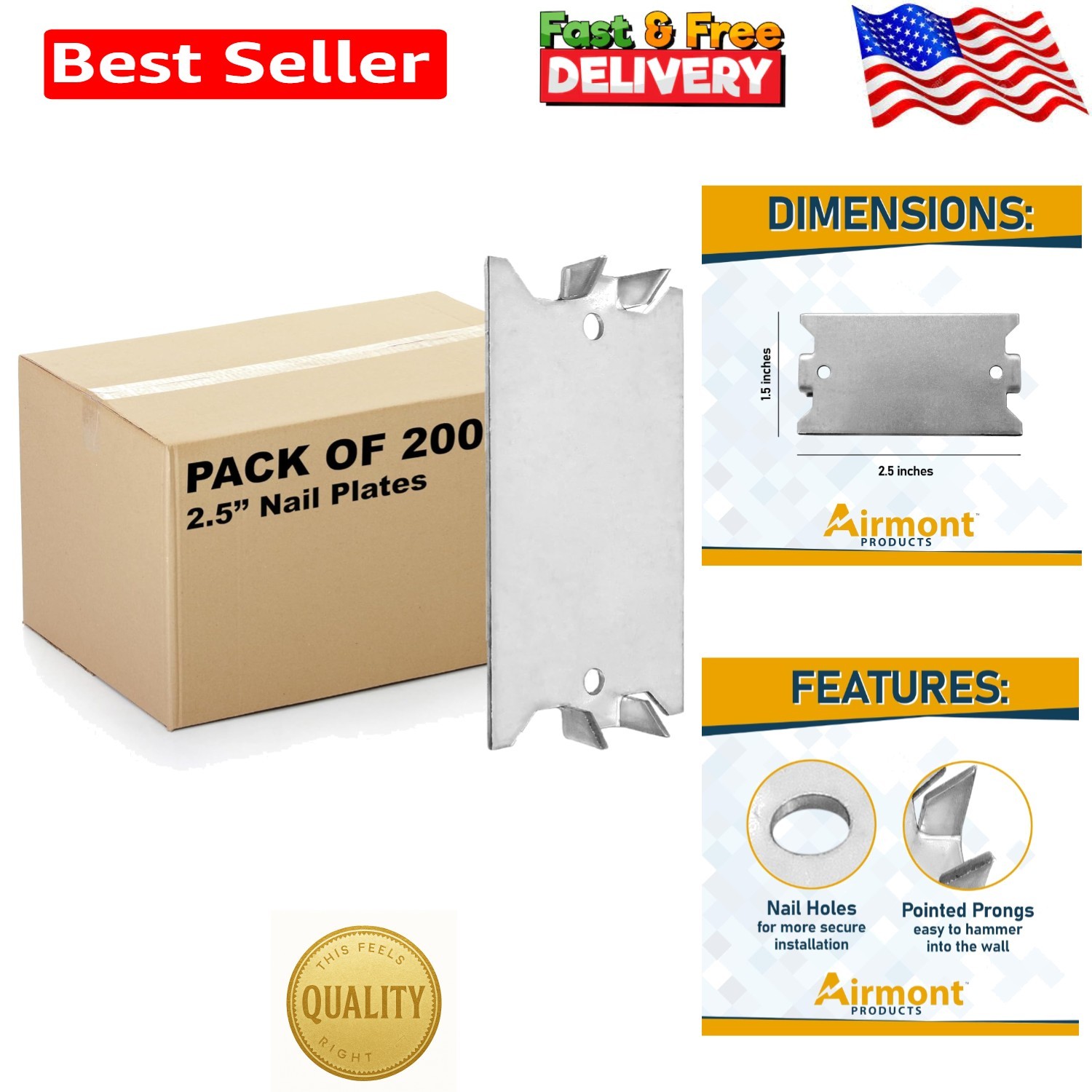 Heavy-Duty Anti-Nail Protection Plates 200 Pack – 16-Gauge Steel, 1.5 x 2.5 Inch