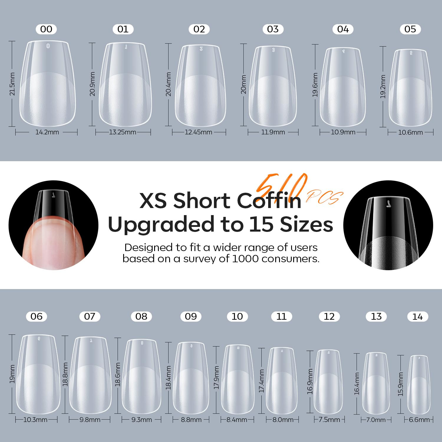 X Nail Gel Kit Short Coffin,510Pcs Fake Nails 15Sizes, 9-In-One Glue Prep Dehydr