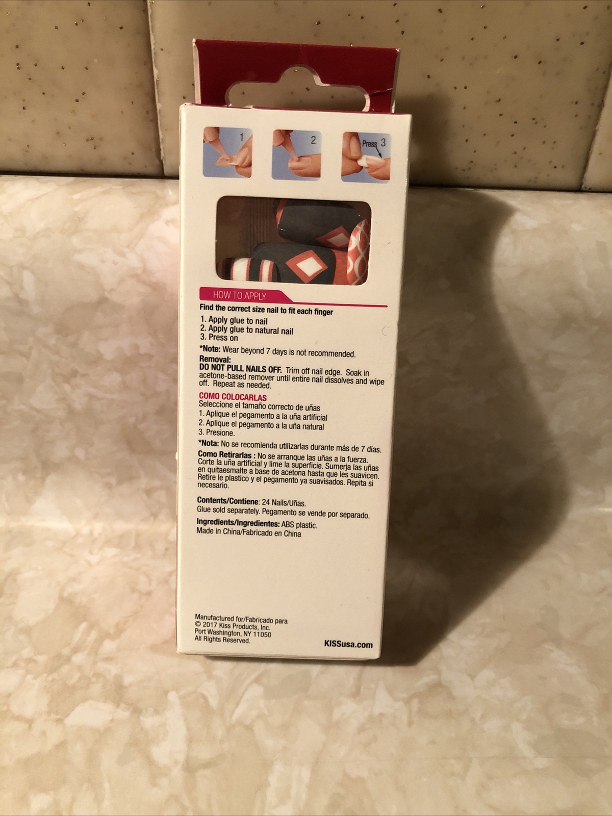 Kiss Glue On Nails Deep Red tips with Chevron pattern Medium