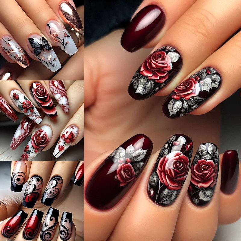 96PCS Rose Butterfly Press on Nails Red Black Elegant False Nail Tips 4 PACK