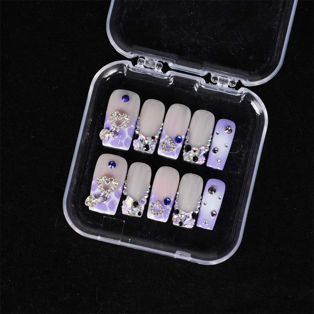 10pcs-Heart French Tip Sparkle Press on Nails Square Nail Set Reusable Handmade